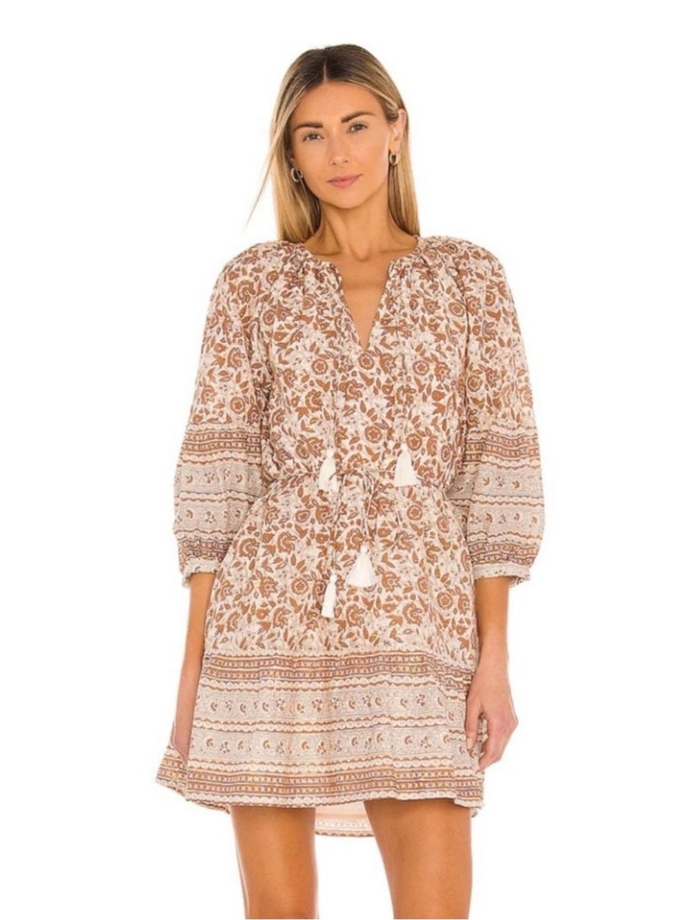 Cleobella Rosy 100% Cotton Floral Mini Dress Tamil Block Print Brown